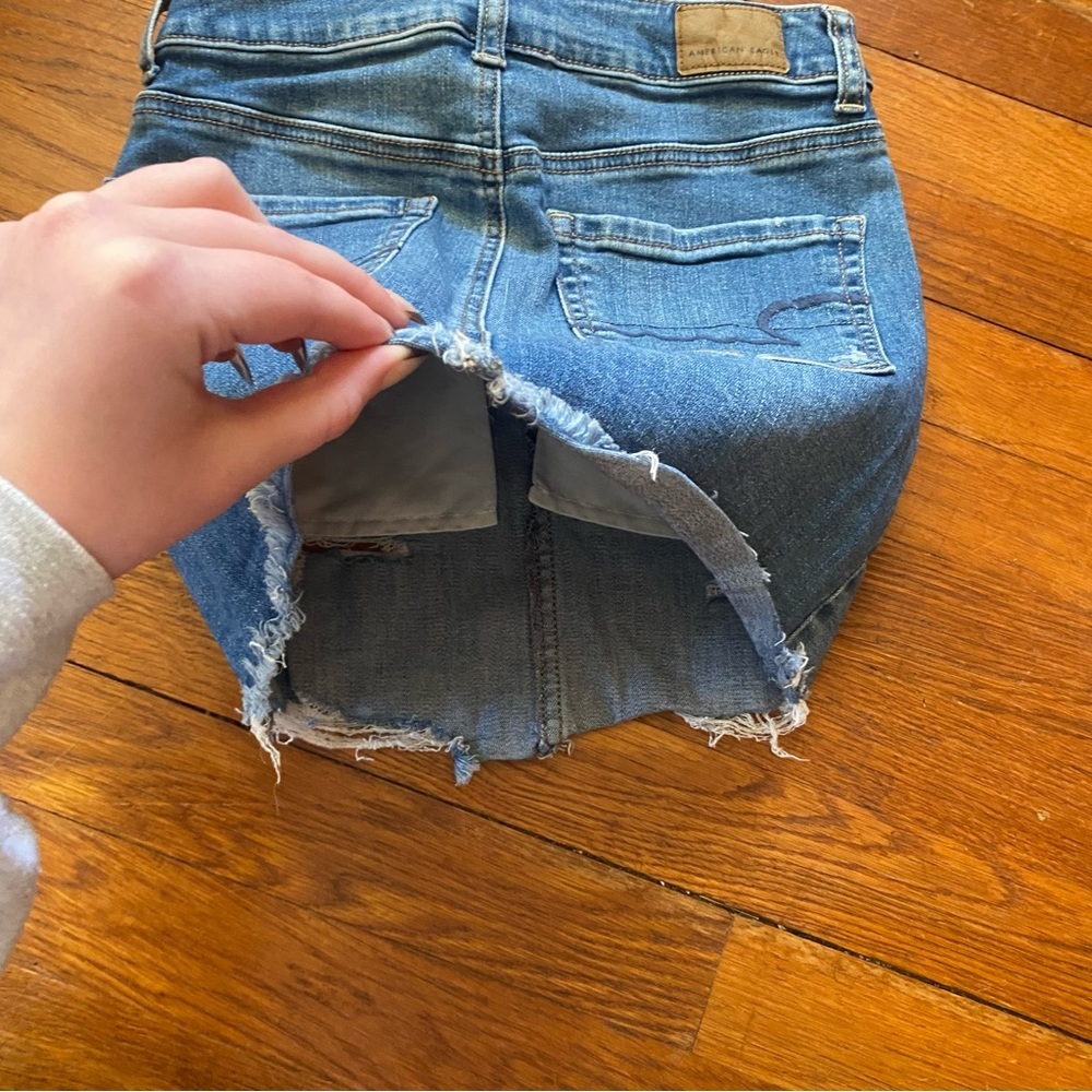 American Eagle Outfitters Blue Denim Distressed Mini Skirt - Picture 6 of 9